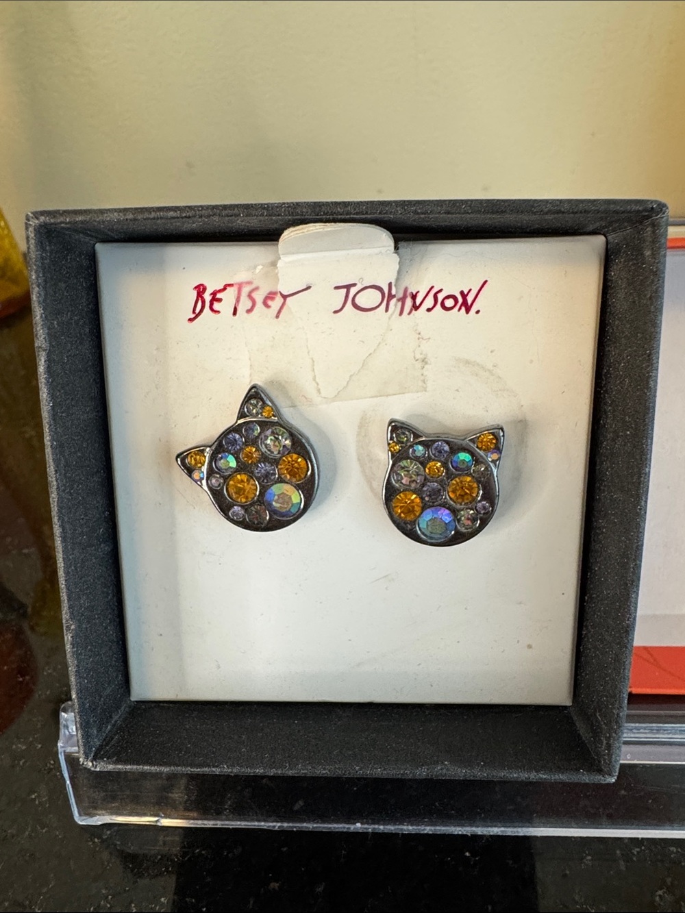 Betsey Johnson Cat Crystal Stud Earrings in Yellow and Iridescent